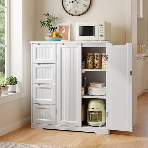 White Storage Cabinet with 4 Drawers & Double Doors T3772