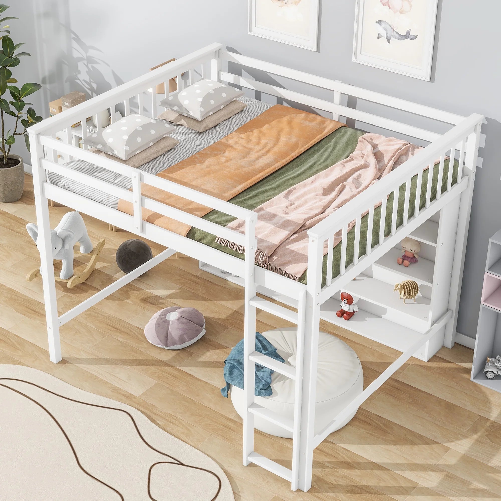 White Wood Full Size Loft Bed with 8 Open Storage Shelves O76639