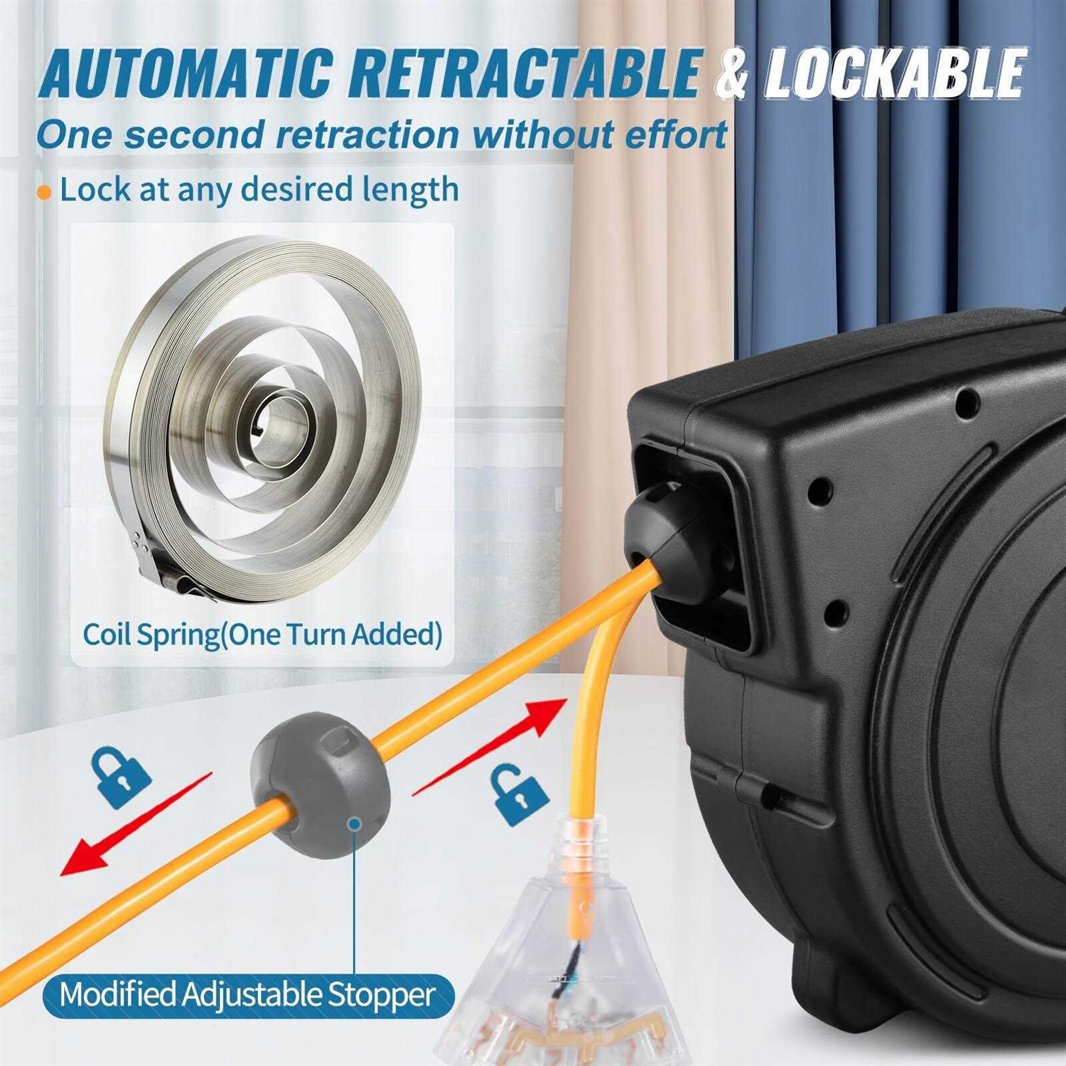 50 ft Heavy Duty 14AWG/3C SJTOW Retractable Extension Cord Reel with Lighted Triple Tap Outlet L688028