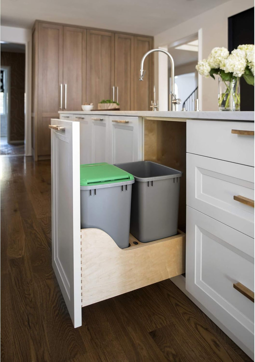 Double 35-Quart Maple Bottom Mount Kitchen Pullout Waste Container Trash Can with Soft-Close Slides, Silver R738731