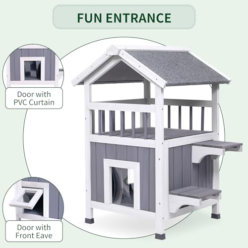 Outdoor Cat House Weatherproof Wooden Two-Story Feral Cat Shelter with Openable Roof Escape Door Balcony Z669967