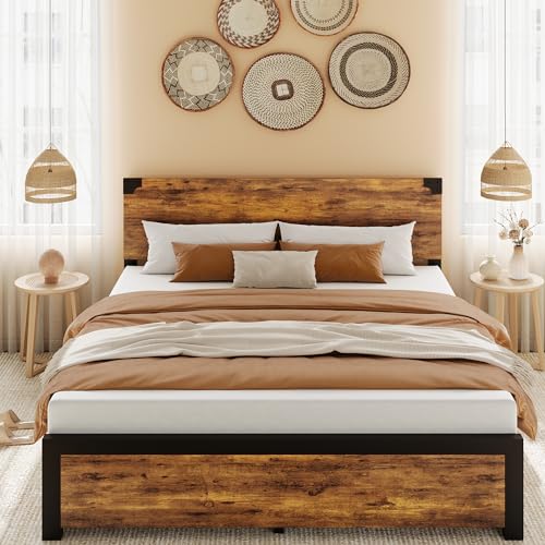 Rustic Brown Full Size Bed Frame with Wood Headboard and Under Bed Storage M371148