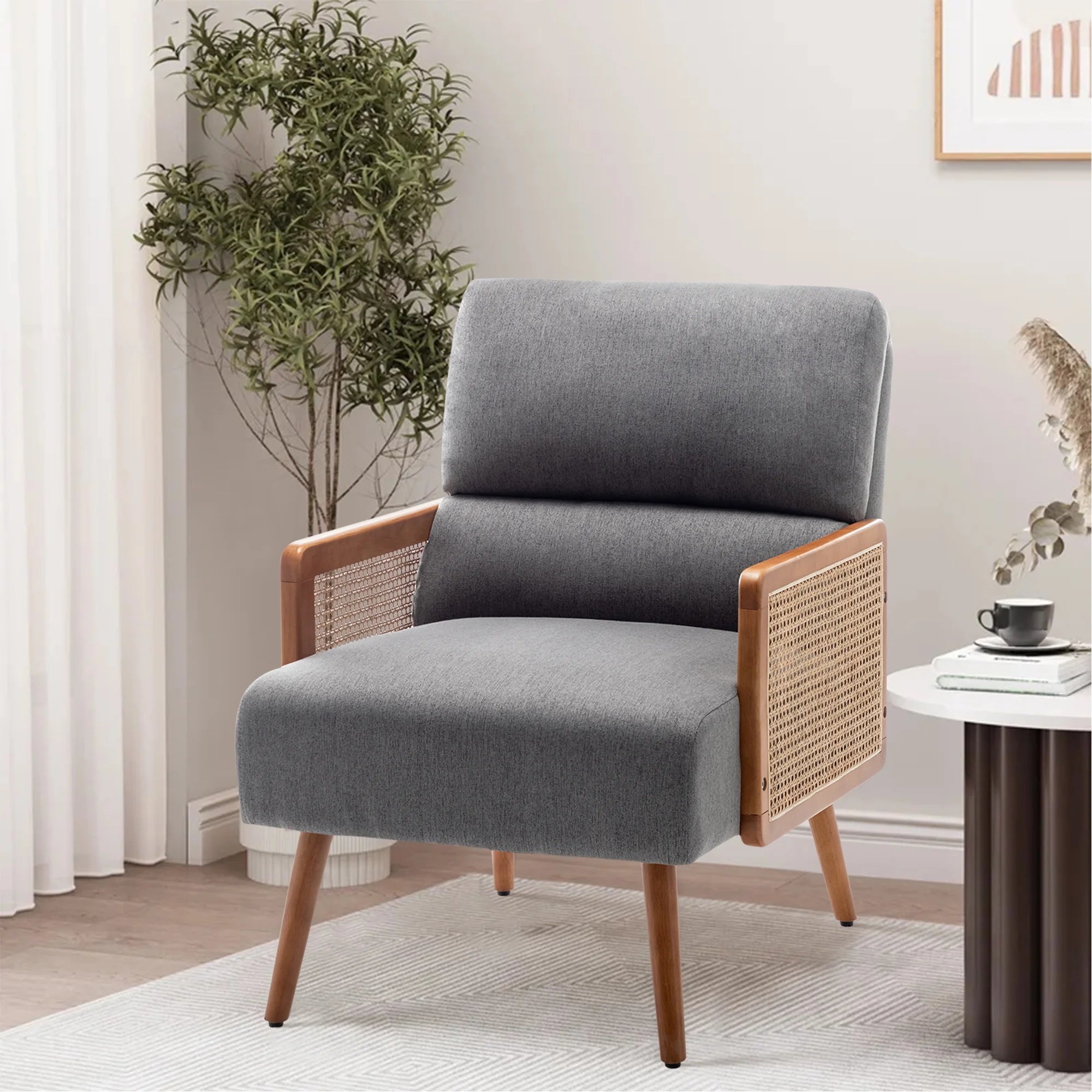 Fabric Upholstered Armchairs with Rattan Armrests G93813