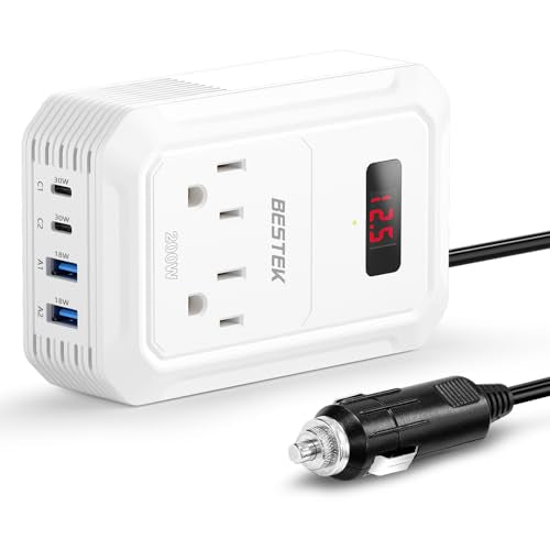 200W Car Power Inverter DC 12V to 110V AC Converter with 2 USB-C and 2 USB-QC LCD Screen Dual AC Adapter T98957