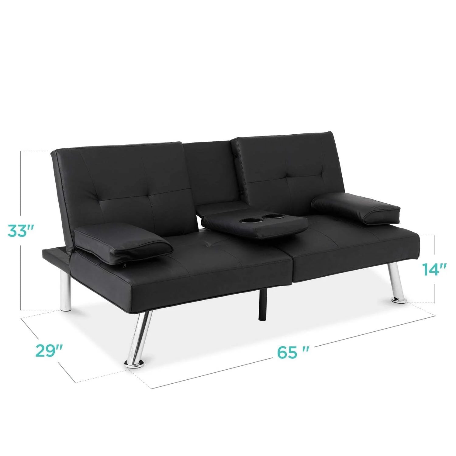 Black Faux Leather Convertible Sofa Futon with 2 Cup Holders J25426