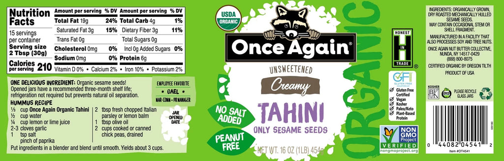 16 oz Pack of 3 Organic Unsweetened Tahini T4392