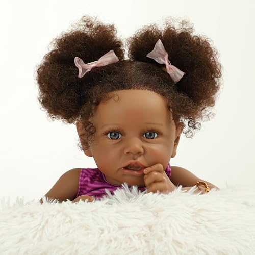 22" Realistic African American Newborn Baby Doll with Two Afro Puffs & Feeding Toys W87060