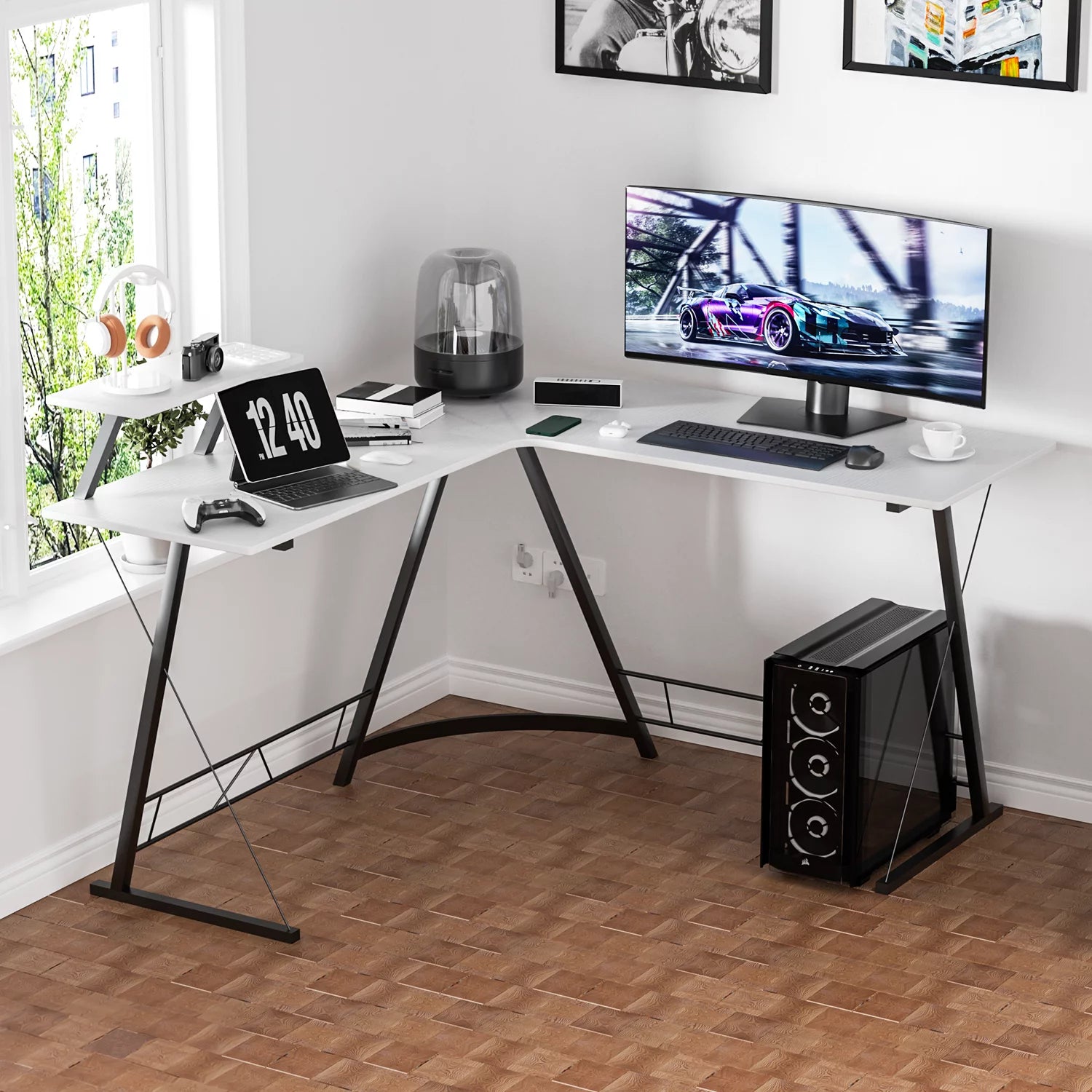 White L Shaped Corner Gaming Desk with Monitor Stand T2897