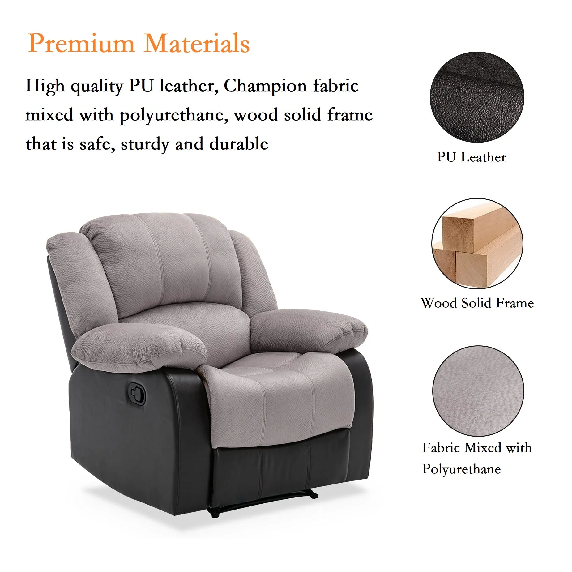Manual Single Reclining Sofa, Gray PU Leather V40382