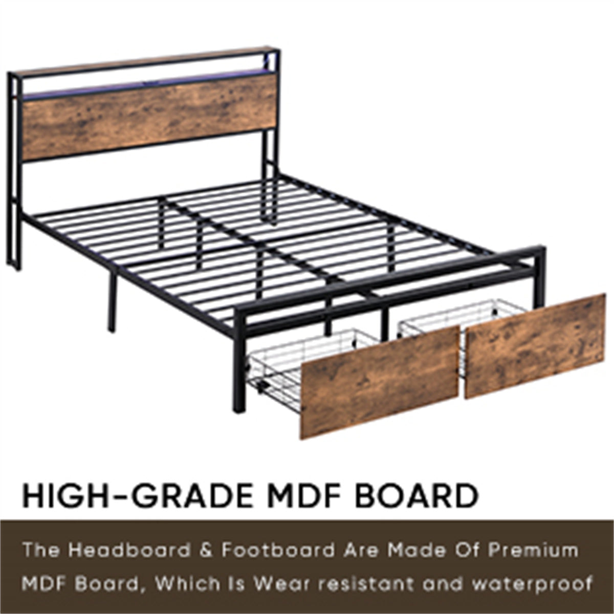 Queen Size Metal Bed Frame with Storage Headboard and 2 Drawers I5040