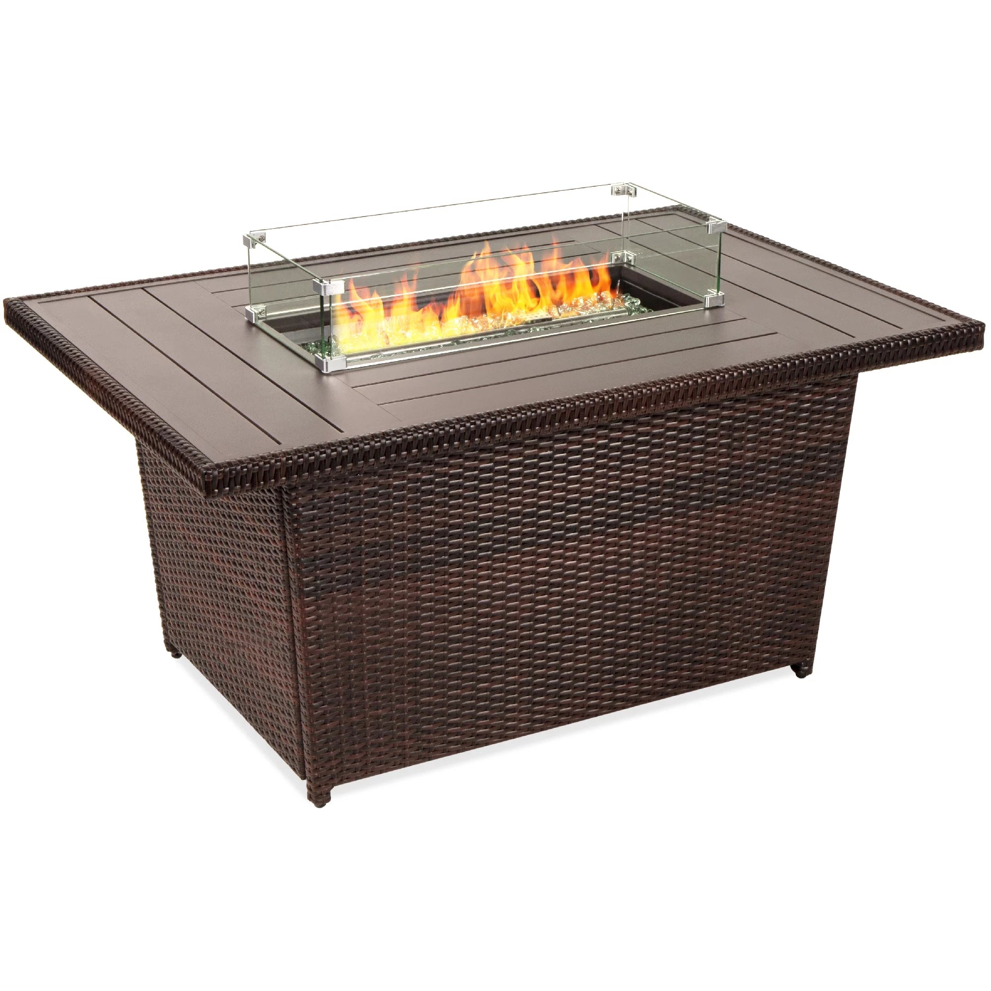 52in Gray Wicker Propane Gas Fire Pit Table with Glass Wind Guard F5117