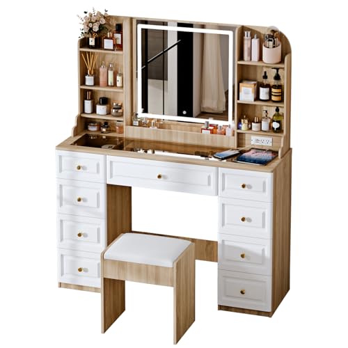 White 9 Drawer Glass Top Makeup Vanity Desk with Mirror and Lights C224