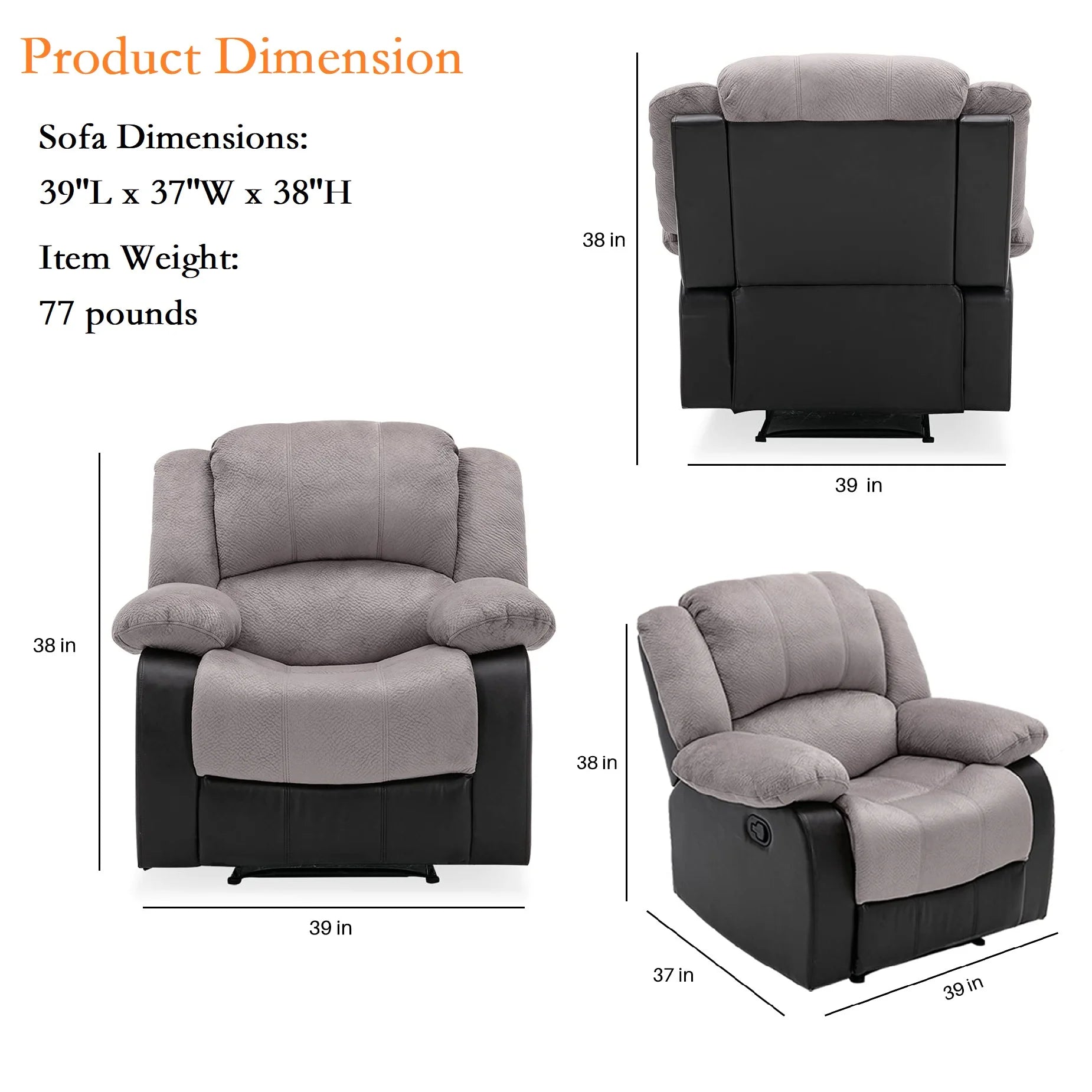 Manual Single Reclining Sofa, Gray PU Leather V40382