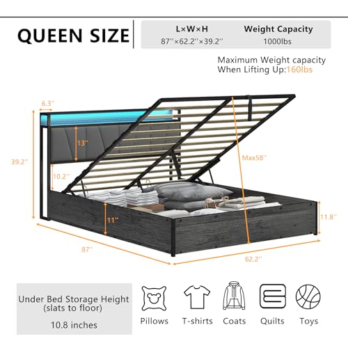Black Linen Upholstered Full Size Lift Up Storage Bed Frame with LED Lights and Charging Station R32016