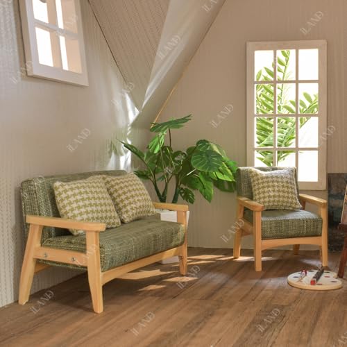 Grey Green Dollhouse Couch and Miniature Sofa Set with Mini Houndstooth Cushions I836048