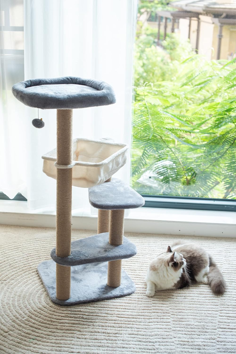 42" Grey Beige Cat Tree with Cat Hammock, Scratching Post V827154
