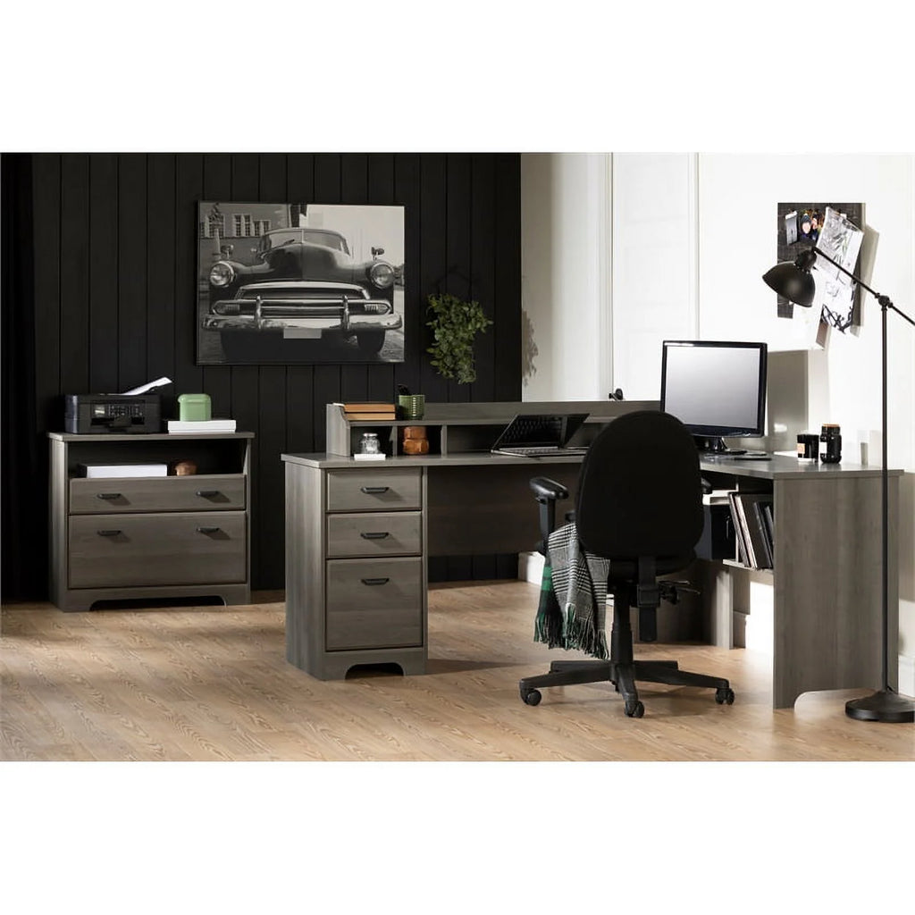Gray Maple Desk with Hutch and 2-Drawer File Cabinet Set T869