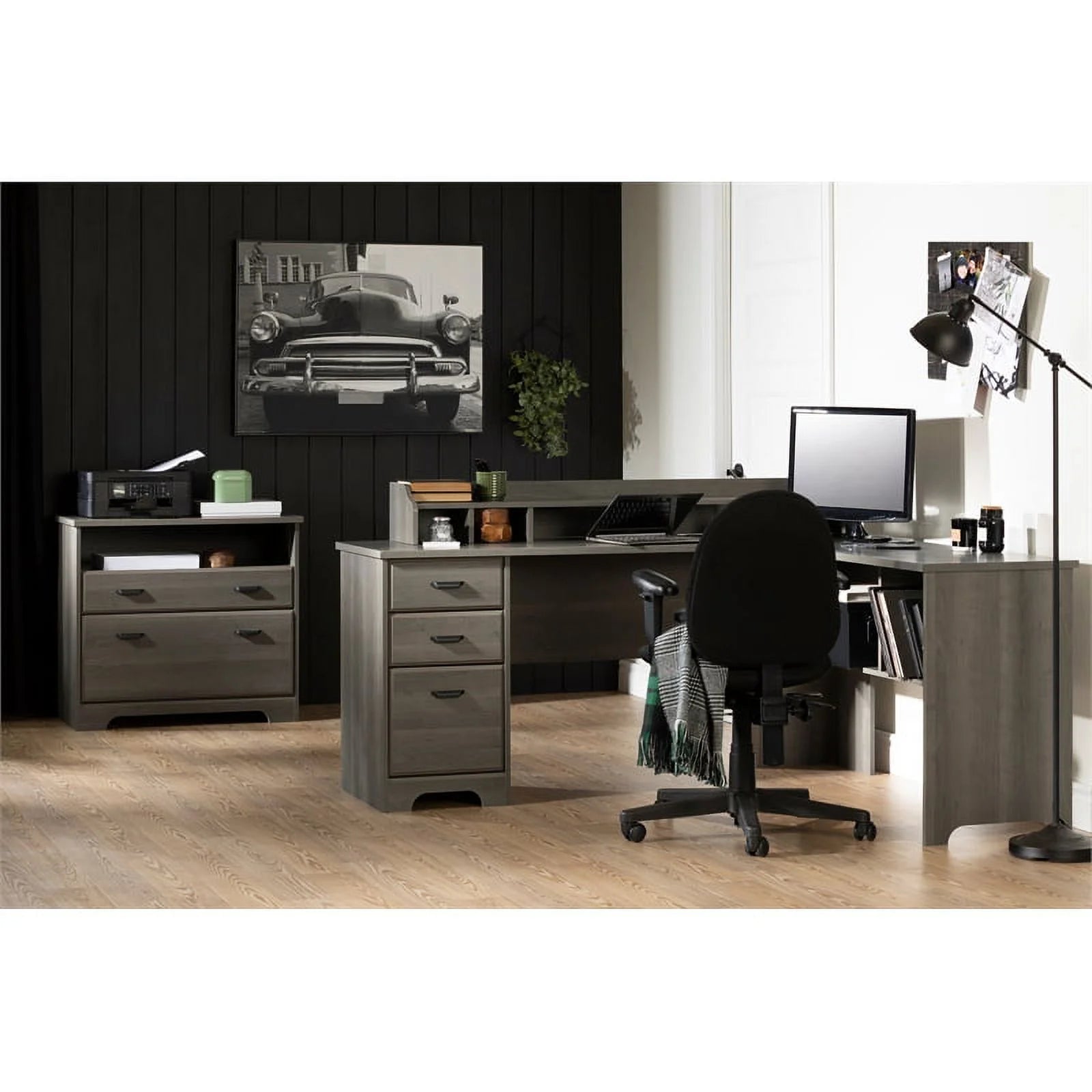 Gray Maple Desk with Hutch and 2-Drawer File Cabinet Set T869