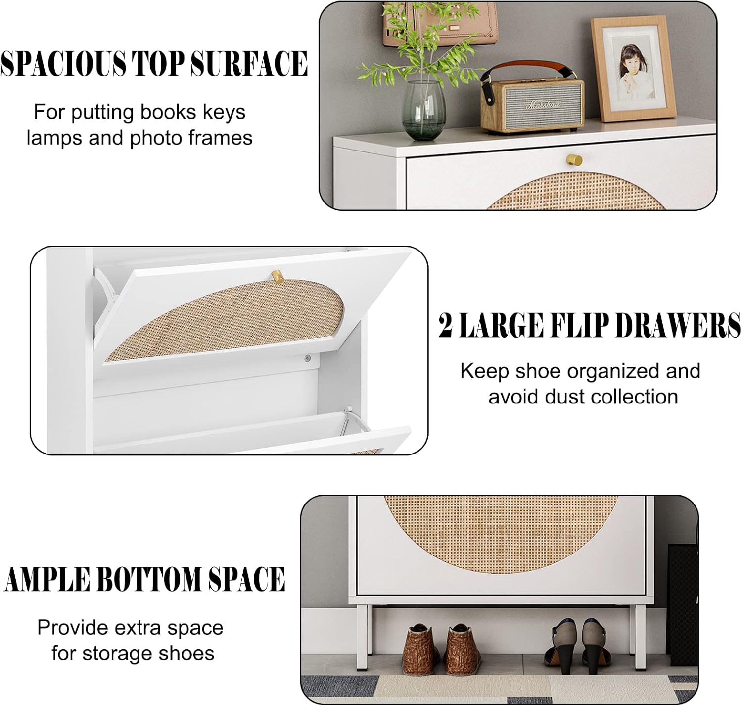 White Rattan Shoe Cabinet with 2 Flip Drawers M1017