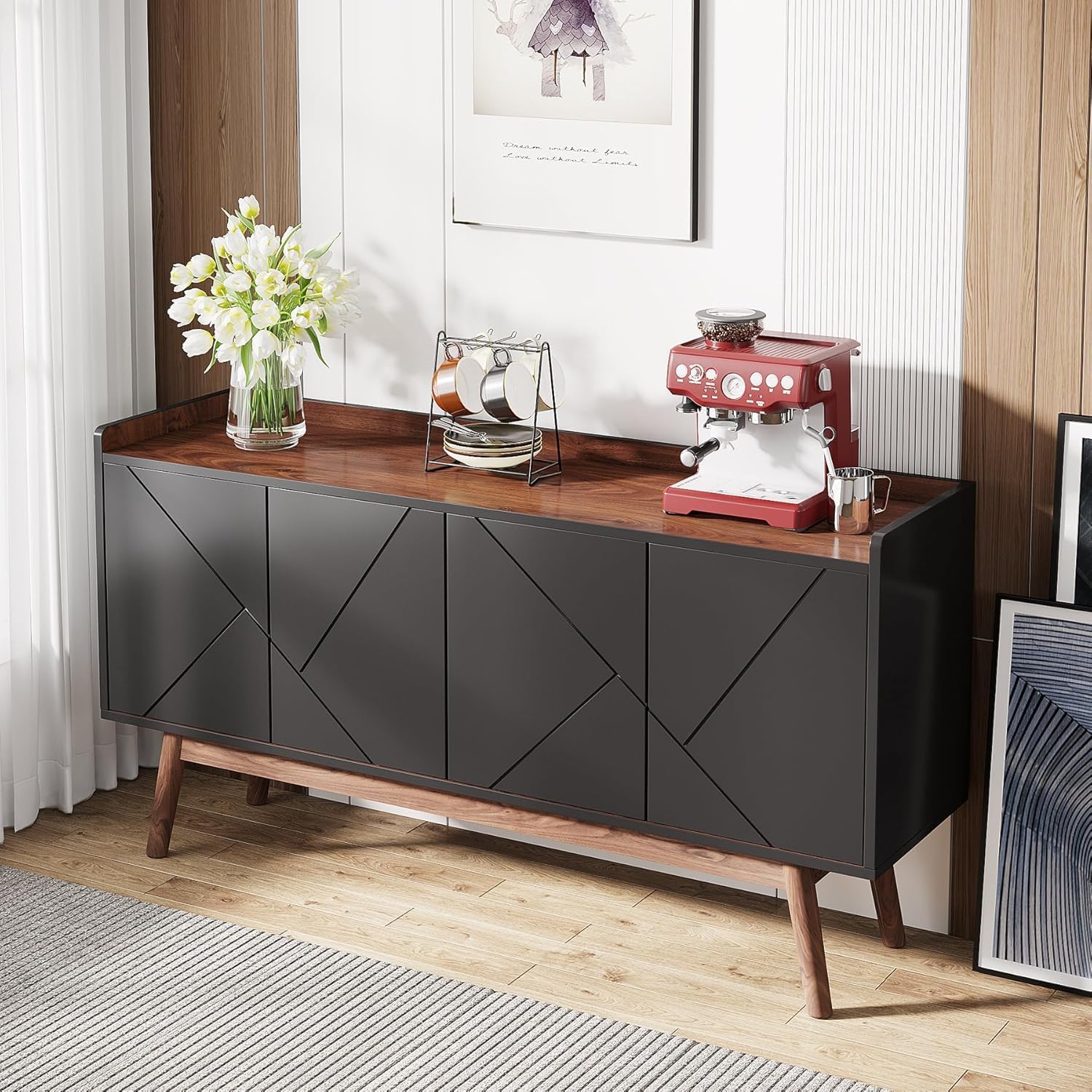 Black 55" Wood Sideboard Cabinet with Doors U7871