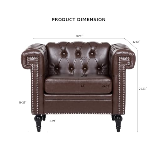 Brown Leather Square Arm Tufted Single Sofa Chair with Nailheads and Solid Wood Legs O898104