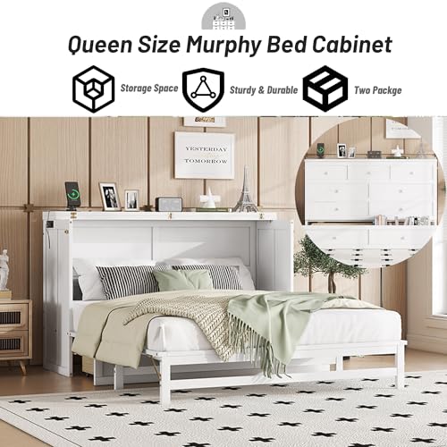 White Queen Murphy Bed with Storage Drawer T9137