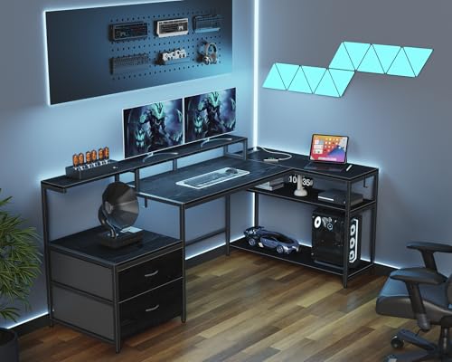 White L Shaped Gaming Desk with Drawers, LED Lights, Power Outlets, Shelves J329