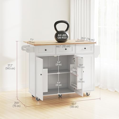 White Rolling Kitchen Island with Wood Top, 3 Drawers, Adjustable Shelf H448543