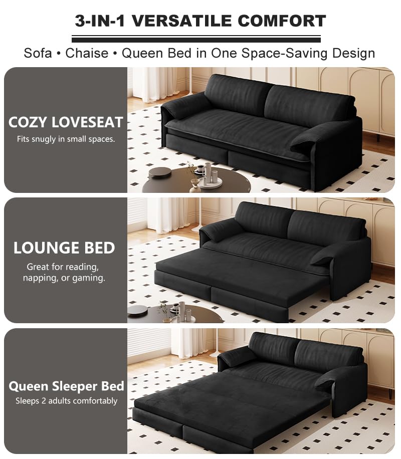 Blue Velvet Queen Size Convertible Sleeper Sofa with 2 Pillows M4207