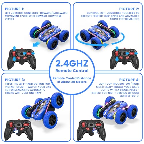 Remote Control Car with LED-Strips, 360° Flips Stunt Toy Cars, 40 Min Playtime with Dual Batteries & Extra Tires S11948