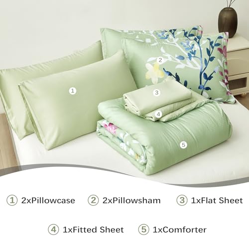Sage Green King Floral Comforter Set with Sheets and Pillowcases J2890