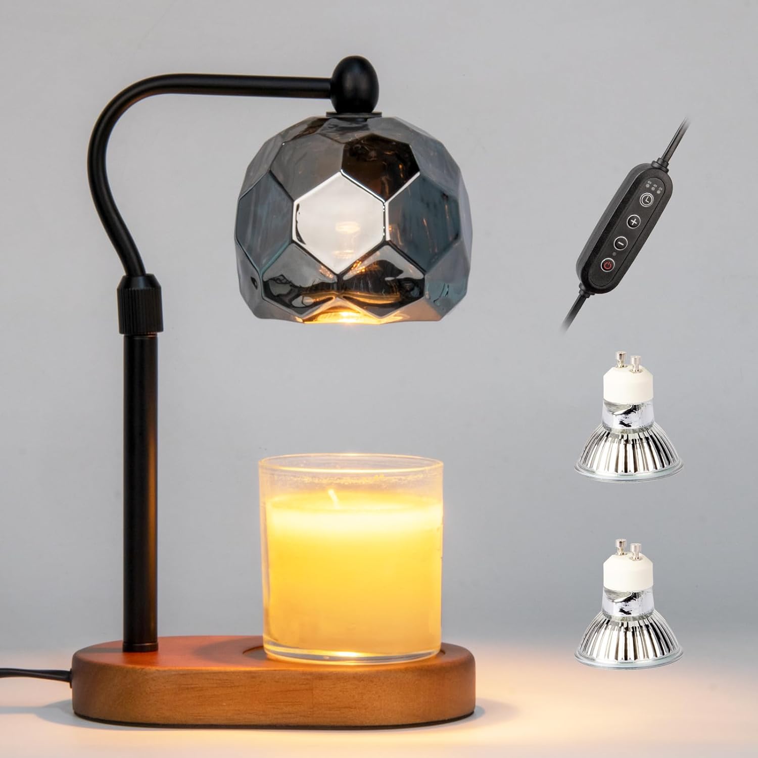 Candle Warmer Lamp with Timer, Adjustable Dimmer & Height, 2 Bulbs, Wooden Base Y950