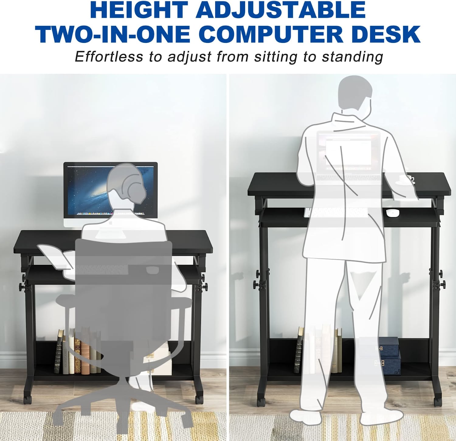 Black Height Adjustable Rolling Laptop Cart with Keyboard Tray C74996
