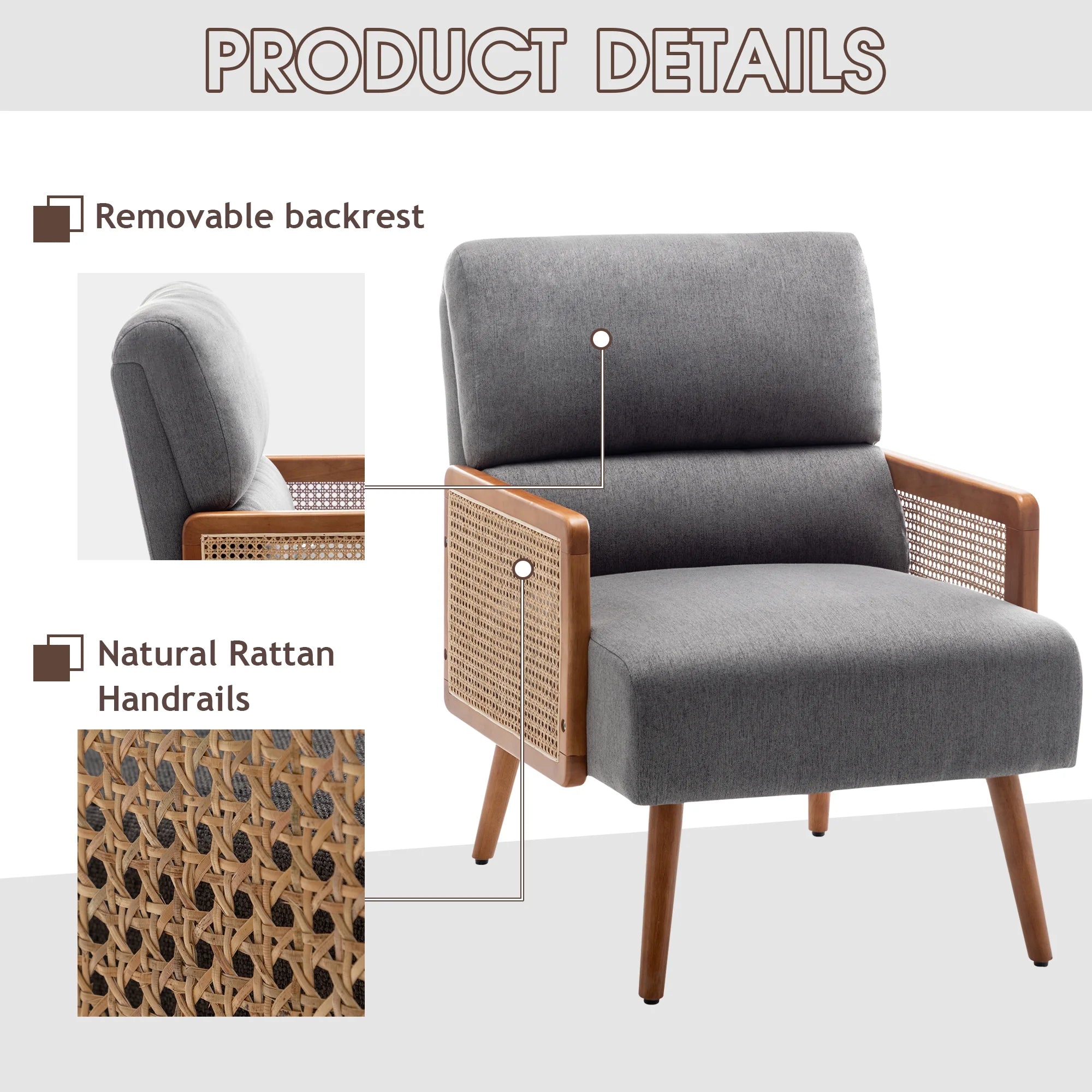 Fabric Upholstered Armchairs with Rattan Armrests G93813