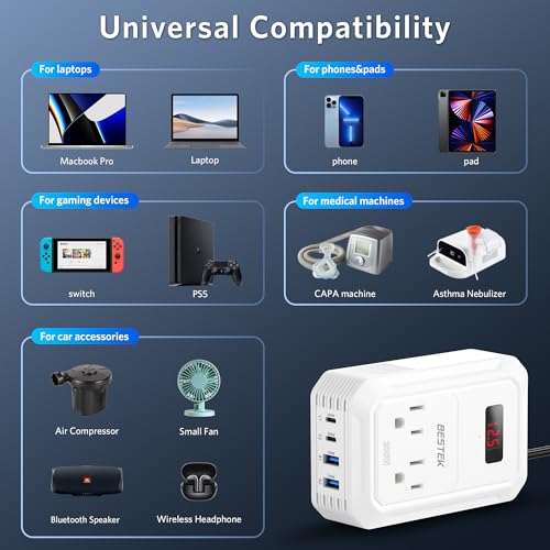 200W Car Power Inverter DC 12V to 110V AC Converter with 2 USB-C and 2 USB-QC LCD Screen Dual AC Adapter T98957