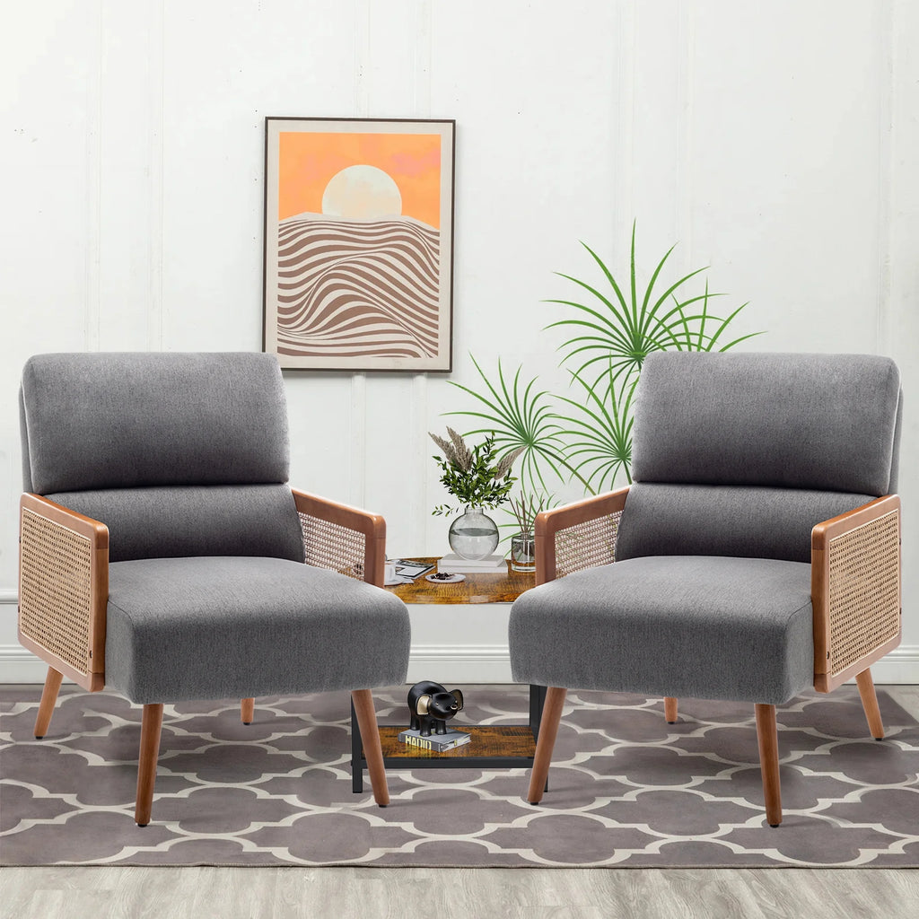 Fabric Upholstered Armchairs with Rattan Armrests G93813
