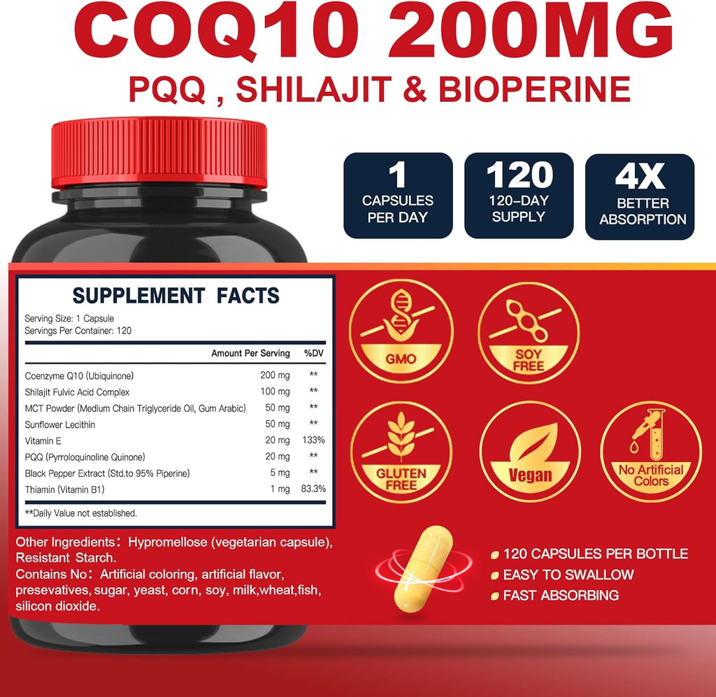 CoQ10 200mg with PQQ & Shilajit High Absorption Coenzyme Q10 Supplements 120 Veggie Capsules X89146