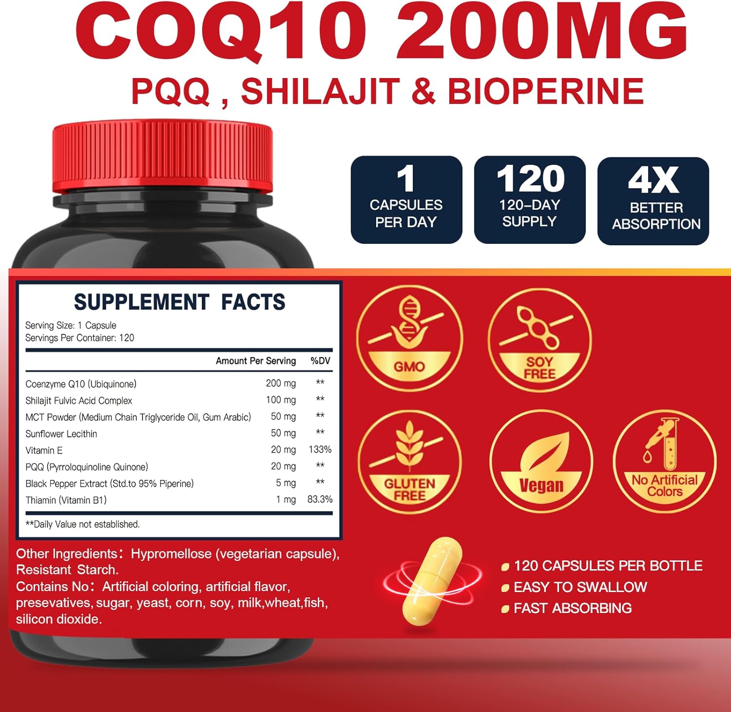 CoQ10 200mg with PQQ & Shilajit High Absorption Coenzyme Q10 Supplements 120 Veggie Capsules X89146