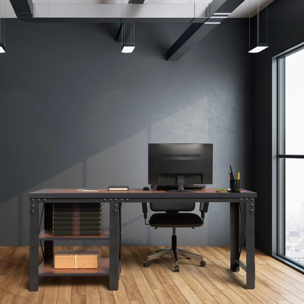 72" Industrial Metal & Wood Desk with Shelves F133866