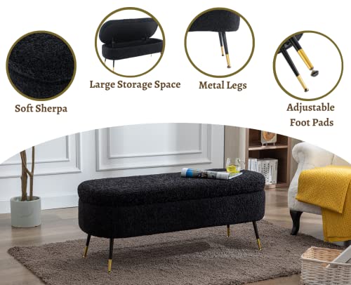 Black Sherpa Storage Ottoman Bench with Metal Legs A771