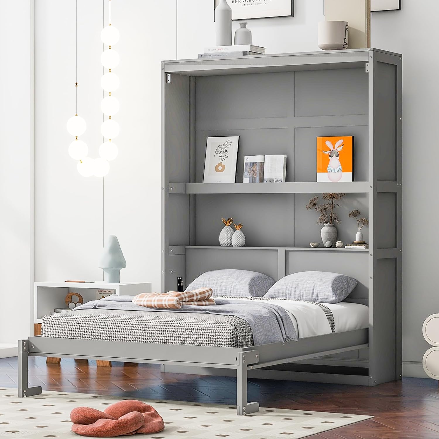 Gray Full Size Murphy Bed with Storage Shelves B599