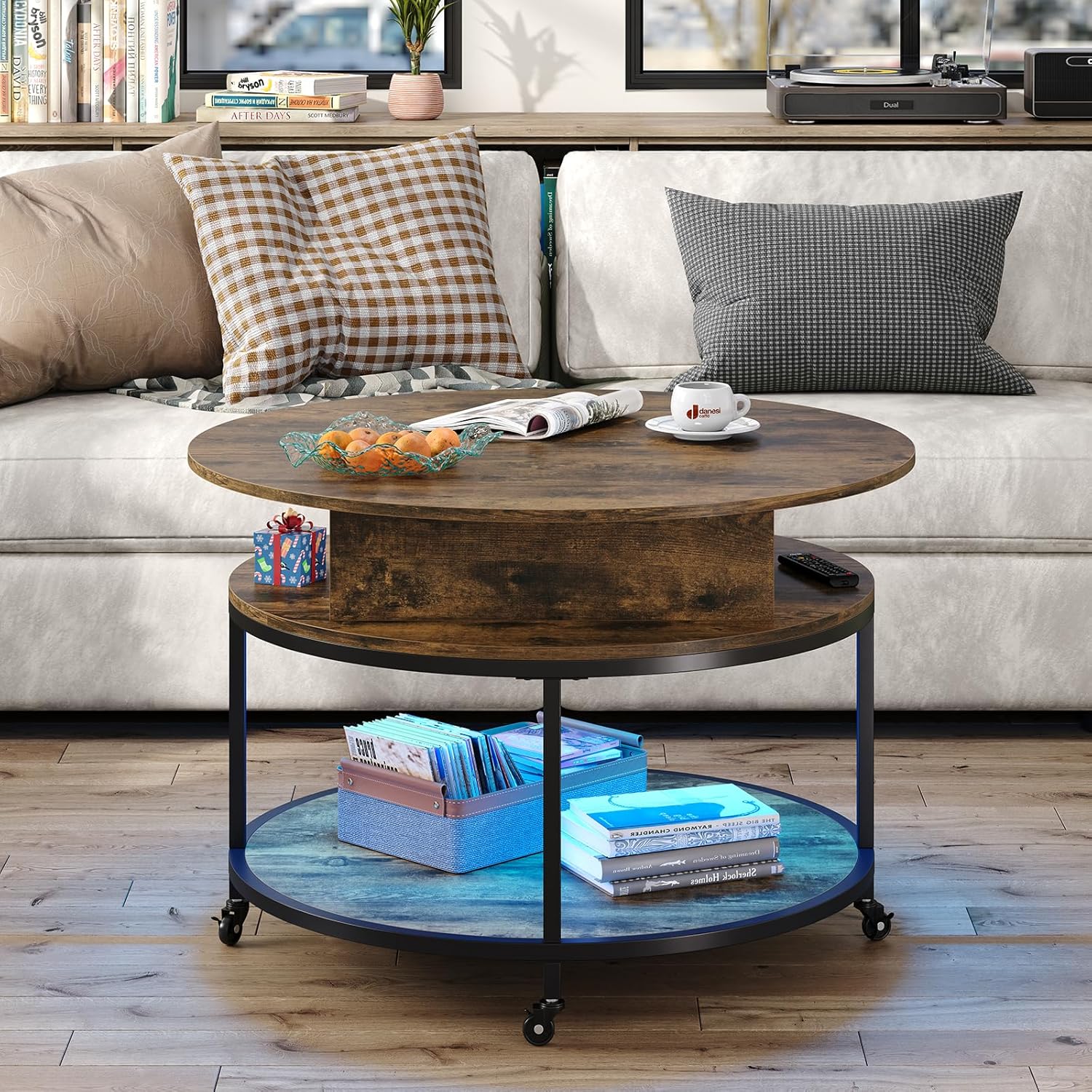 Rustic Brown Lift Top Round Coffee Table with 2-Tier Storage & Wheels C30371