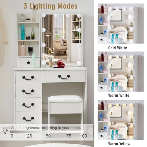 White Vanity Desk with Mirror and Light and Drawers Y229519