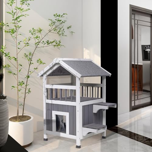 Outdoor Cat House Weatherproof Wooden Two-Story Feral Cat Shelter with Openable Roof Escape Door Balcony Z669967