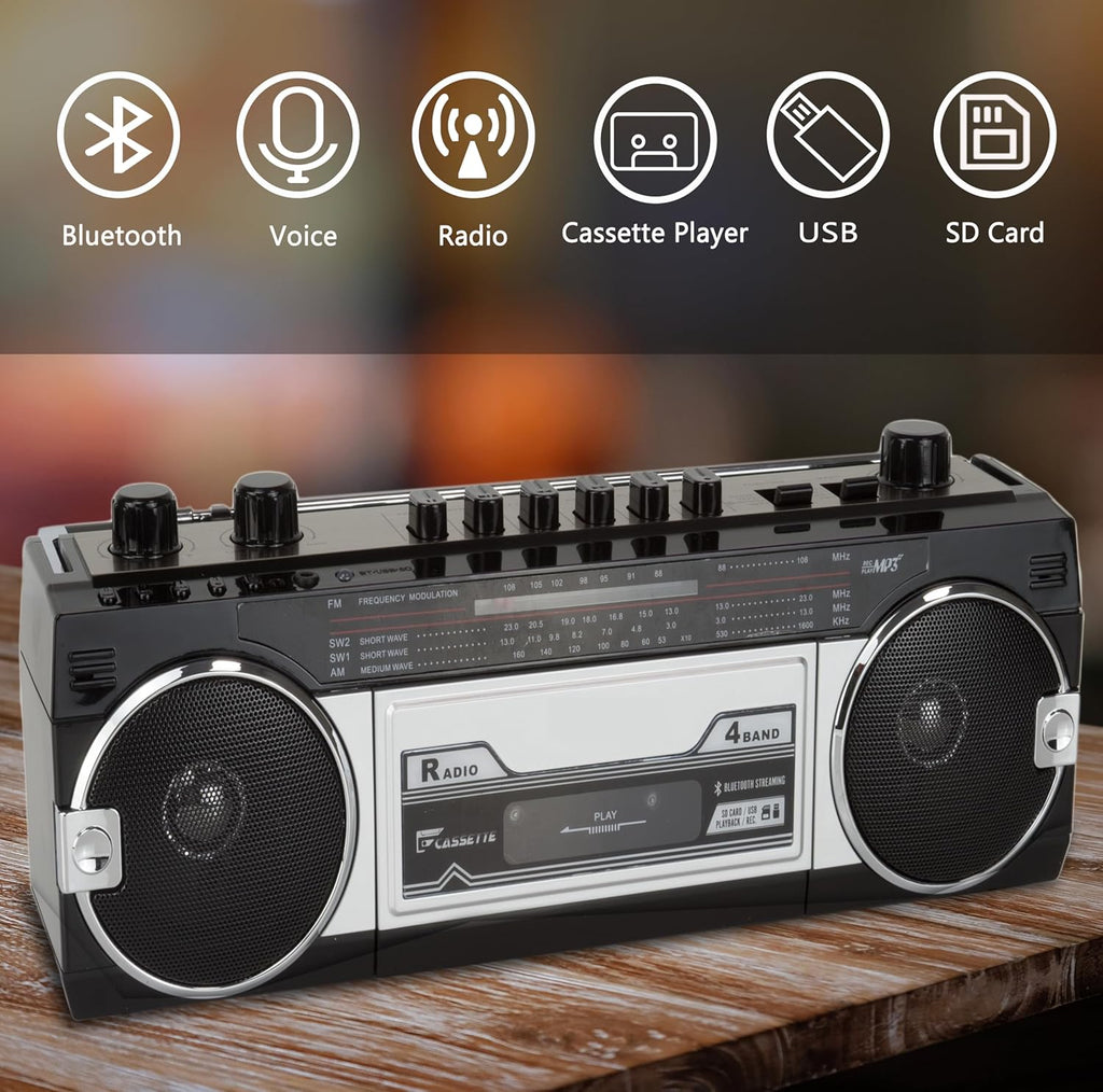 Black Retro Bluetooth Boombox Radio Cassette Player Recorder E785