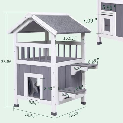 Outdoor Cat House Weatherproof Wooden Two-Story Feral Cat Shelter with Openable Roof Escape Door Balcony Z669967