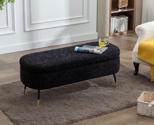 Black Sherpa Storage Ottoman Bench with Metal Legs A771