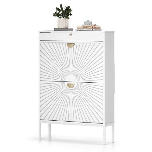 White Shoe Cabinet with 2 Drawers and Adjustable Shelf I3203