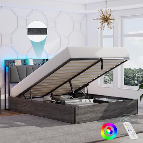 Black Linen Upholstered Full Size Lift Up Storage Bed Frame with LED Lights and Charging Station R32016