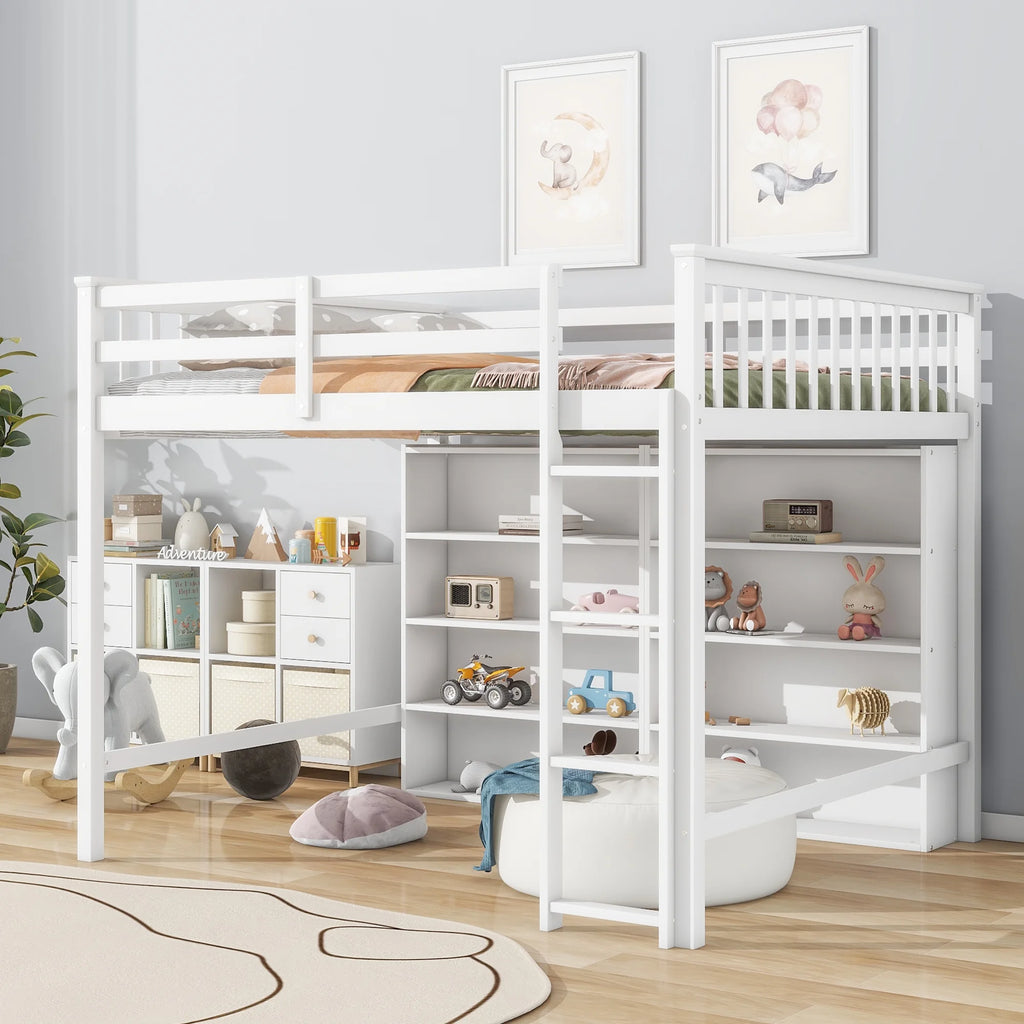 White Wood Full Size Loft Bed with 8 Open Storage Shelves O76639